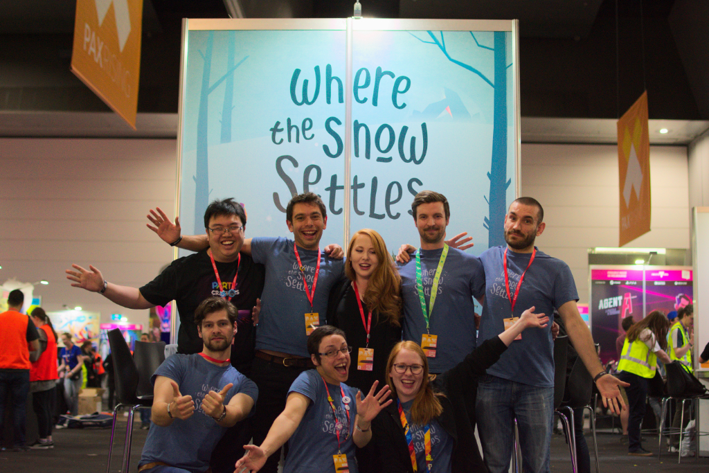 Myriad GS team photo in front of WtSS booth at PaxAus 2018